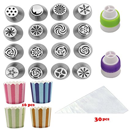 16 Sets Frosted Tips Russian Piping Tips Icing Nozzles,Great For Cake Decorating,Coming with 16 Cupcake Cups and 30 Large Pastry Bags and Colors Couplers