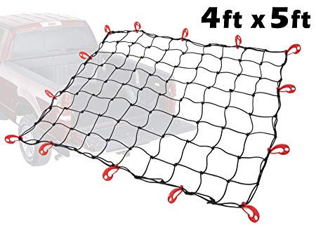 4ft x 5ft PowerTye Mfg Truck & Trailer Large Elastic Cargo Net with 14 Large Latching Hooks, Black Net