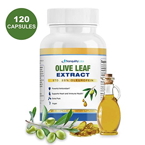 Olive Leaf Extract by Tranquility Labs - 750mg, 120 Capsules - Extra Strength - 20% Oleuropein - Powerful Antioxidant - Supports Heart & Immune System - Extra Pure, Vegan - 4 Month Supply