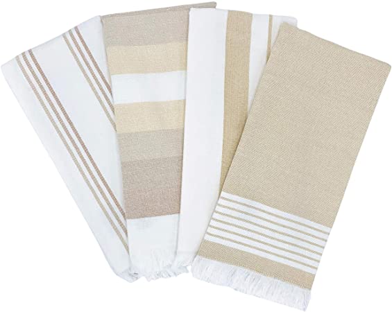 The Accented Co. Kitchen Towels, Set of 4 - Thick, Absorbent, Fast Drying Tea Towels - Turkish Cotton with Hanging Loop (28x18 inches)(Beige Tan Brown)