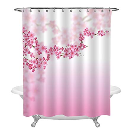 MitoVilla Pink Cherry Blossom Decorative Shower Curtain, Flower Pattern Digital Printing Water Resistant Polyester Fabric Spring Theme with 12 Hooks, 72x72 Inch