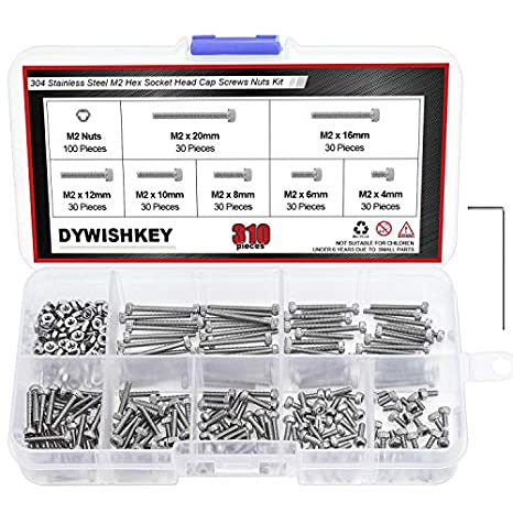 DYWISHKEY 310 Pieces M2 x 4mm/6mm/8mm/10mm/12mm/16mm/20mm, Stainless Steel 304 Hex Socket Head Cap Bolts Screws Nuts Kit with Hex Wrench