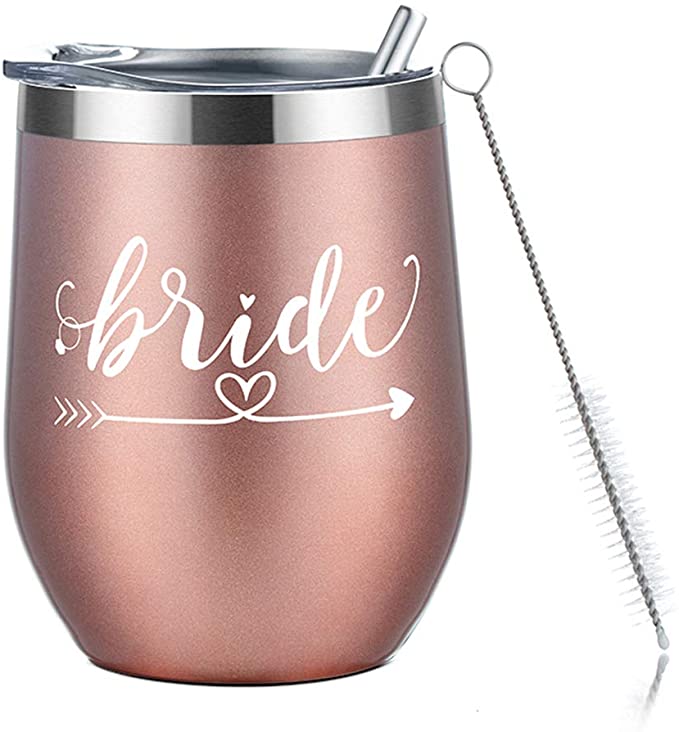 Amzyt Wine Tumbler for Bride, Stainless Steel Stemless Wine Tumbler with Lid-12 Oz Insulated Wine Glass for Married Bachelorette Party Bride To Be Wedding Engagement and Bridesmaid Gifts