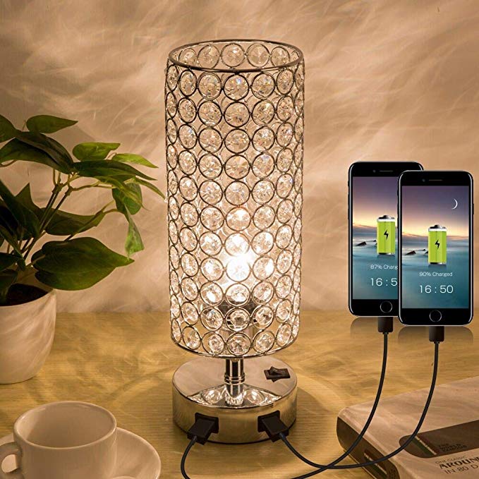 ZEEFO Crystal Table Lamp, Elegant Decorative Bedside Table Lamp Built in Dual USB Charging Ports and Press Switch, Nightstand Lamp Ideal for Bedroom, Guest Room, Living Room