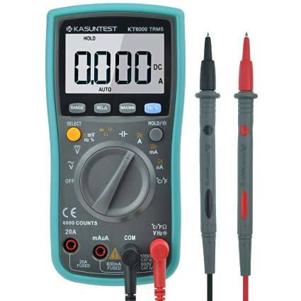 KASUNTEST 6000 Counts TRMS Digital Multimeter Electrical Tester/Circuit Tester with Capacitance Resistance Frequency Duty Cycle Temperature AC/DC Voltage Current Transistor Diode Buzzer Test