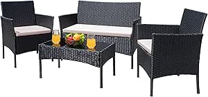 Greesum Patio Furniture 4 Pieces Conversation Sets Outdoor Wicker Rattan Chairs Garden Backyard Balcony Porch Poolside loveseat with Cushion and Glass Table, Black