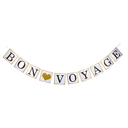 Bon Voyage Banner - Gold Glitter Heart for Adventure Awaits Party Decorations bunting
