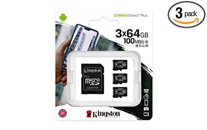 Kingston 64GB microSDHC Canvas Select Plus 100MB/s Read A1 Class 10 UHS-I 3-Pack Memory Card   Adapter (SDCS2/64GB-3P1A)