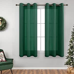 KOUFALL Dark Emerald Green Short Window Curtains for Bathroom Decor,Linen Sheer Curtains for Bedroom Kitchen,45 Inch Length