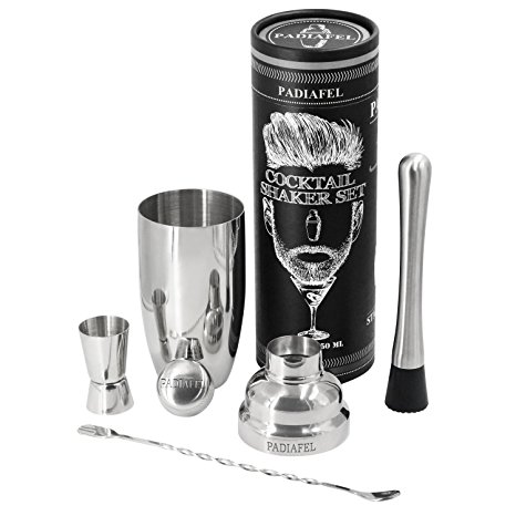 PADIAFEL Cocktail Shaker Bar Set Accessories, Stainless Steel Tool Built-in Bartender Strainer 750ml , Martini Kit with Measuring Jigger and Mixing Spoon and Recipe Instructions