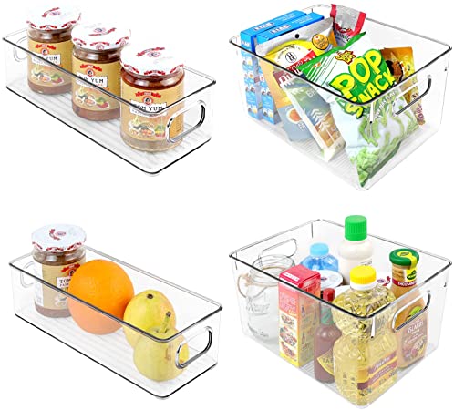 Clear Plastic Pantry Organizer Bins 4 PCS Food Storage Bins with Handle for Refrigerator, Fridge, Cabinet, Kitchen, Countertops, Cupboard, Freezer Organization and Storage