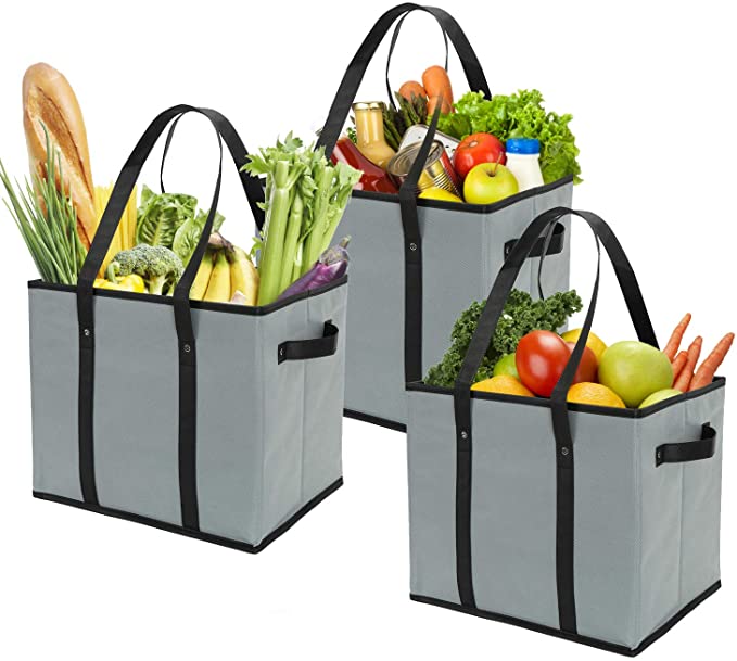 Foraineam 3-Pack Reusable Grocery Bags Gray Durable Heavy Duty Grocery Totes Bag Storage Box Bins Collapsible Grocery Shopping Box Bags with Reinforced Bottom