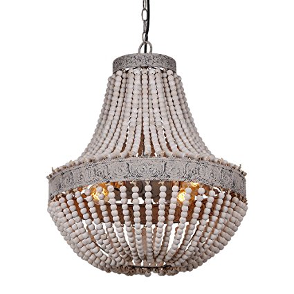 Anmytek Metal and Circular Wood Bead Chandelier Pendant Three Lights Grey Finishing Retro Vintage Industrial Rustic Ceiling Lamp Light
