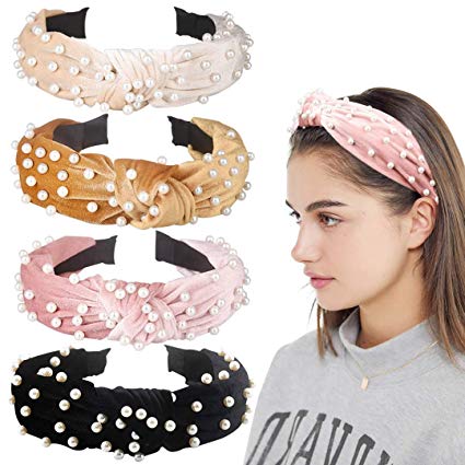 Allucho 4 Pack Velvet Wide Headbands Knot Turban Hairband Vintage Head Wrap with Faux Pearl Elastic Hair Hoops Fashion Hair Accessories for Women and Girls, Christmas Party Decorations(4 Colors)
