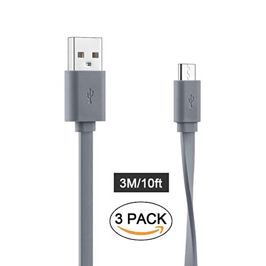 SUNGUY [3-Pack] 10ft Flat Tangle-Free High Speed Micro USB 2.0 Data Sync and Charge Cables for Samsung Galaxy S7 / S7 Edge / HTC / Nokia / Sony and More