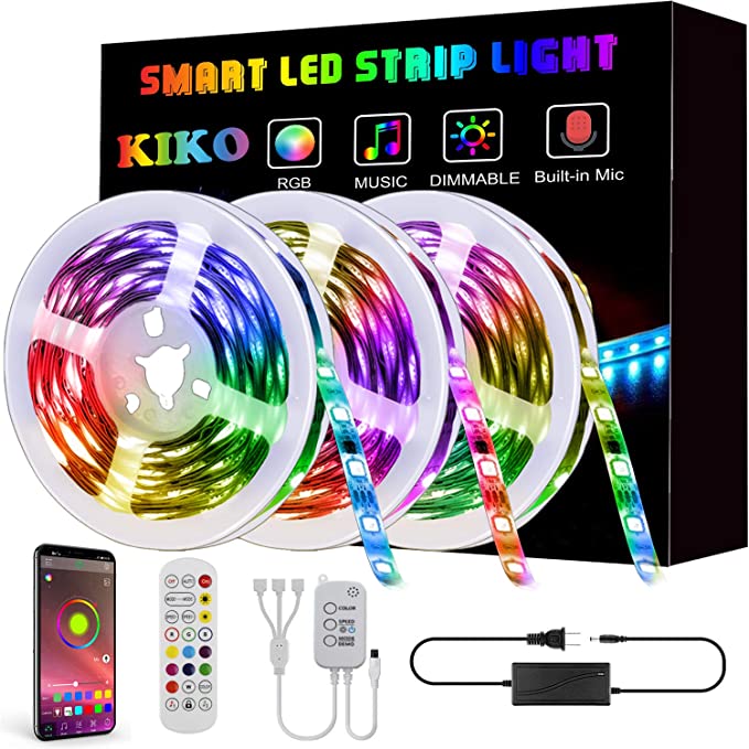 LED Strip Lights, KIKO Smart Color Changing Rope Lights 49.2ft/15M SMD 5050 RGB Light Strips with Bluetooth Controller Sync to Music Apply for TV, Bedroom, Party and Home Decoration (3x16.4ft)