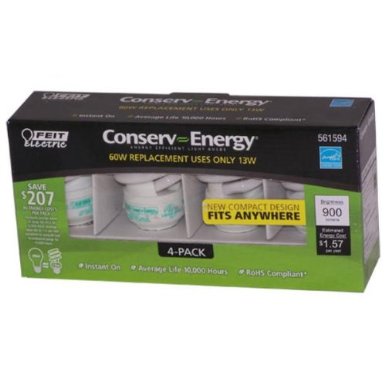 Feit CE13T2 Conserv-Energy 60W Equivalent CFL 13-Watt Light Bulbs, 4-Pack