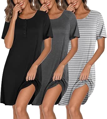 Ekouaer 3 Pack Nightgowns for Women Short Sleeve Sleepshirt Button Down Nightshirt Soft Pajamas Dress Casual Sleepwear