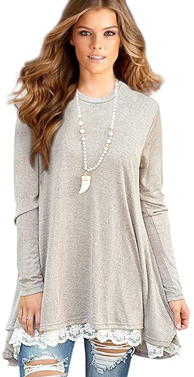 Sunfung Women's Lace Long Sleeve Tunic Tops Shirt Clothing Scoop Neck Womens Plus Size Tunic Blouses Tops