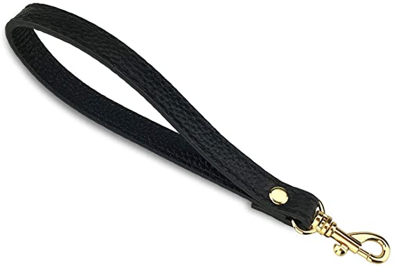 VanEnjoy Black Wristlet Keychain Cellphone Genuine Leather Hand Strap with New Style Golden Lock
