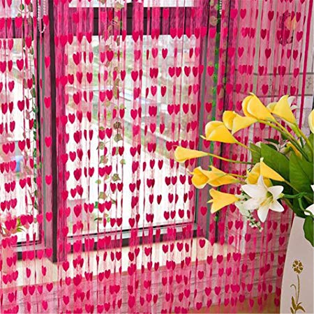 BSGSH Cute Heart Line Tassel String Door Curtain Window Room Curtain Valance (Hot Pink)