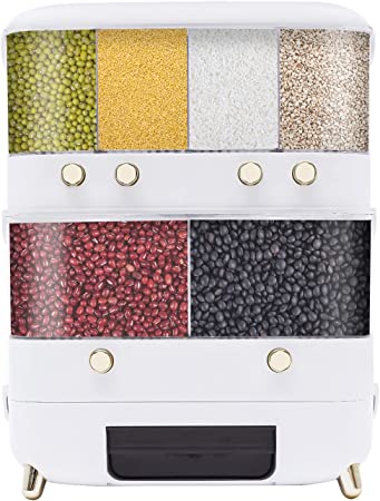 Eapmic Rice Dispenser with Cup,Wall-Mounted 6 Grid Dry Food Dispenser Rice Bucket Grains Storage Container Cereal Dispenser for Home and Kitchen (6Grid,2 Layers,White)