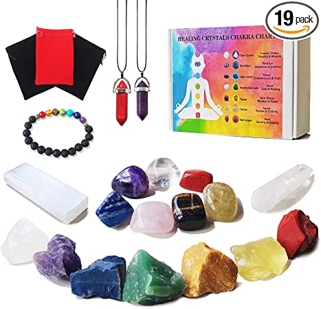 19Pcs Healing Crystals Stones Set, Chakra Quartz Kit Includes 7 Raw and 7 Tumbled Stones, 1 Selenite Crystal for Charging, 1 Clear Crystal Column, 1 Lava Bracelet, 2 Agate Necklace