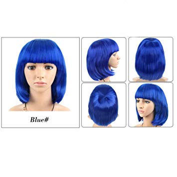 Amesun Short Bob Hair Wig 12” with bangs Heat Resistant ColorfulSynthetic Wig for Women Cosplay Daily Party  Free Necklace Choker (Blue)