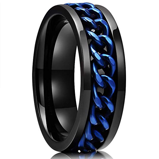 King Will Black/Blue Stainless Steel 8mm Rings for Men Center Chain Spinner Ring, Size 7-14