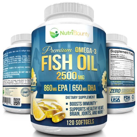 Omega 3 Fish Oil Supplement - Triple Strength EPA 860mg   DHA 430mg Fats (120 SoftGels) - Easy to Swallow - Fresh Lemon Flavor - No Fishy Aftertaste - Top Joint, Heart and Brain Health Formula