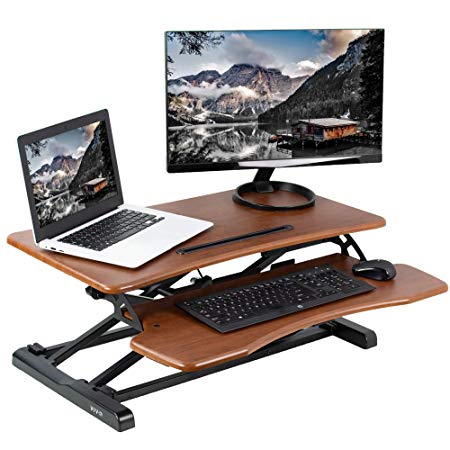 VIVO Wood Colored Height Adjustable Standing Desk Converter Sit to Stand Manual Riser | 32" Wide Tabletop Workstation fits Dual Monitors (DESK-V000KA)