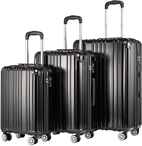 COOLIFE Expandable Suitcase(Only L Size Expandable) Hardshell Luggage Lightweight Durable PC ABS Material with TSA Lock and 4 Spinner Wheels (Black, 3-Piece Set)