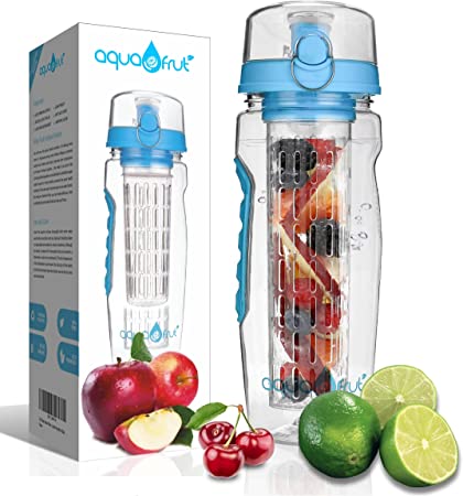 AquaFrut 32 OZ Fruit Infuser Water Bottle BPA-Free Fruit Infusion Sports Bottle - Flip Top Lid w Drinking Spout, Leak Proof, Made of Durable Tritan. Free Recipe eBook! (Blue)