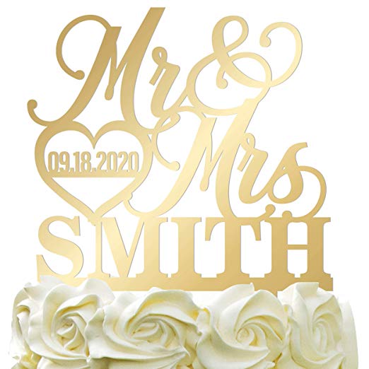 Personalized Wedding Cake Topper - Wedding Cake Decoration Elegant Customized Mr-Mrs, Last Name & Date With HeartMirrored Acrylic