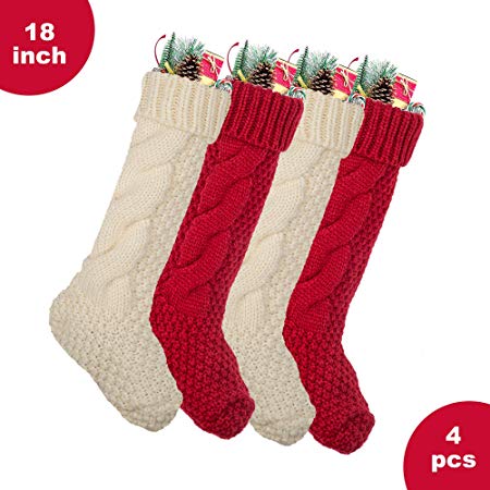 hicorfe Christmas Stockings,Pack 4,18" Large Size Cable Knit Knitted Christmas Stockings,Christmas Decorations for Family Holiday Season Decor, Burgundy and Ivory White Knit