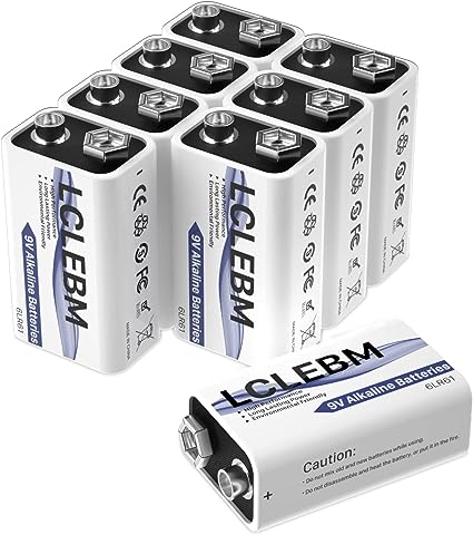 LCLEBM 9 Volt Batteries Alkaline 9V Battery, 9 Volt Alkaline 6LR61 Battery Disposable Long Lasting, All-Purpose 9V Non-Rechargeable Battery for Smoke Detector - 8 Counts