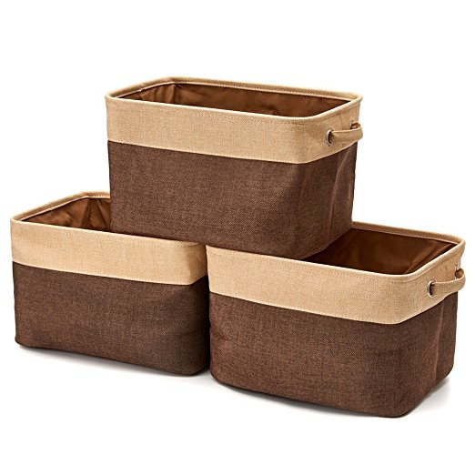 Collapsible Storage Bin Basket [3-Pack] EZOWare Foldable Canvas Fabric Tweed Storage Cube Bin Set With Handles - Brown For Home Office Closet