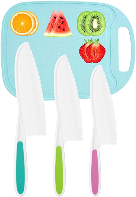 DIKAKO Kids Knife 3-Piece with Cutting Board - Toddler Knife Set Children's Cooking Nylon Knives - Serrated Edges and Firm Grip Suitable for Cutting Salad, Fruit, Cake, Lettuce (3 Sizes & Colors)