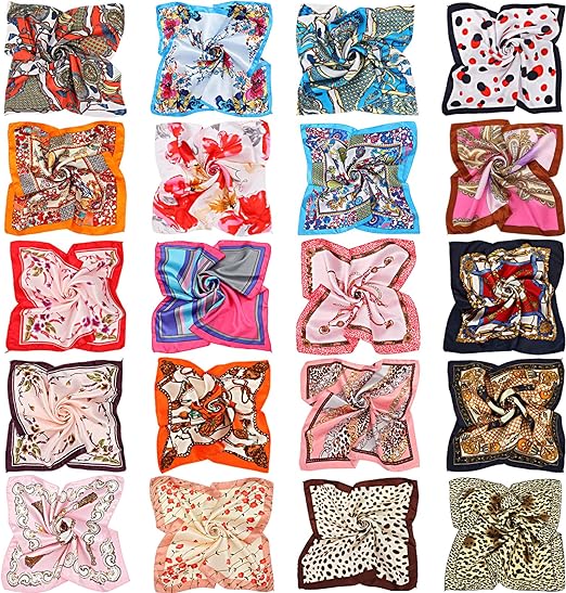 20 Pieces Women Satin Square Scarf Mixed Color Small Silk Neck Scarf for Women Girls Favors, Random Color