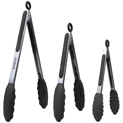 POPCO Set of 3-7,9,12 Inch, Heavy Duty, Non- Stick, Stainless Steel Silicone Kitchen Tongs. Heat Resistant (Up to 480F) & BPA Free. (Can Also be Used as BBQ Turners)