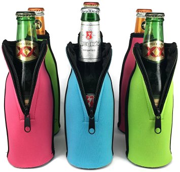 Bottle Insulator - Premium Set Of 6 Insulated Beer Bottle Zipper Coolies - Collapsible Extra Thick Neoprene Bottle Coolers By Trendy Bartender™ - Keep Your Drinks Chilled - Bottle Opener Included!