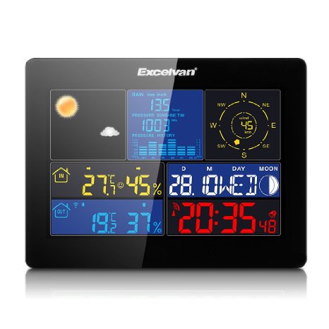 Excelvan professional Home All-in-1 Large Color LCD display Wireless Weather Station with Thermo-hygro sensor, Wind Speed & Rain, Temperature, Humidity, Barometer, Moon Phase