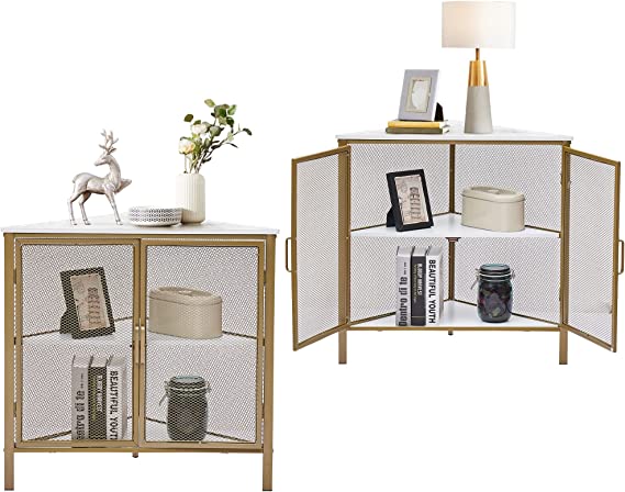 VECELO Corner End Table/Shelf, 3-Tier Display Shelves with Protection Door, Metal Frame Storage Cabinet Organizer for Small Space, Living Room, Kitchen, Bathroom, Set of 2, Gold