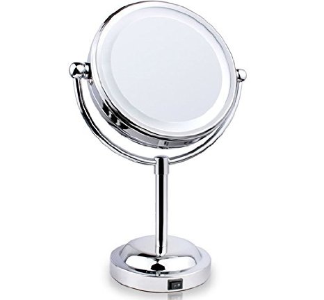 Double-Sided Lighted Makeup Mirror, Polished Chrome Finish 6-Inch Battery-Operated and 3X Magnifying Bathroom and Countertop Vanity Mirrors