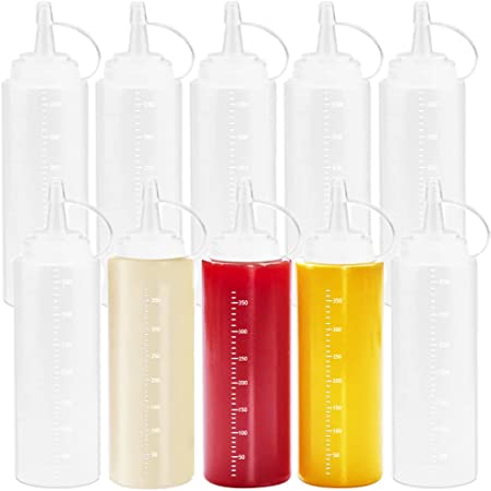 10 Pack 12oz Condiment Squeeze Bottles,Plastic Squeeze Squirt Bottle with Twist On Cap Lids and Discrete Measurements,Clear Squeeze Bottle for Ketchup,Sauce,BBQ,Oil and Paint