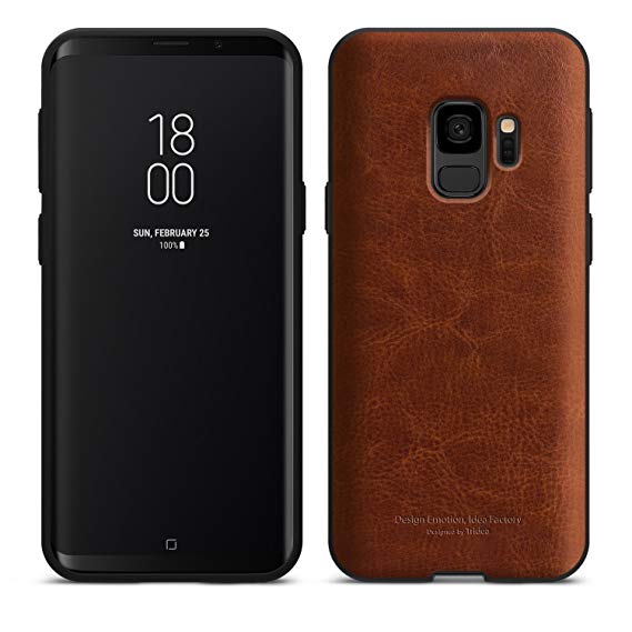 Galaxy S9 (2018) Case [Tridea] Power Guard Premium Synthetic Leather Bumper [Shock Resistant][Scratch-Resistant] Case for Samsung Galaxy S9 2018 [Brown]