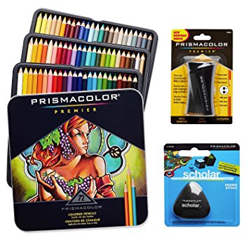 Prismacolor Colored Pencils Box of 72 Assorted Colors, Triangular Scholar Pencil Eraser and Premier Pencil Sharpener