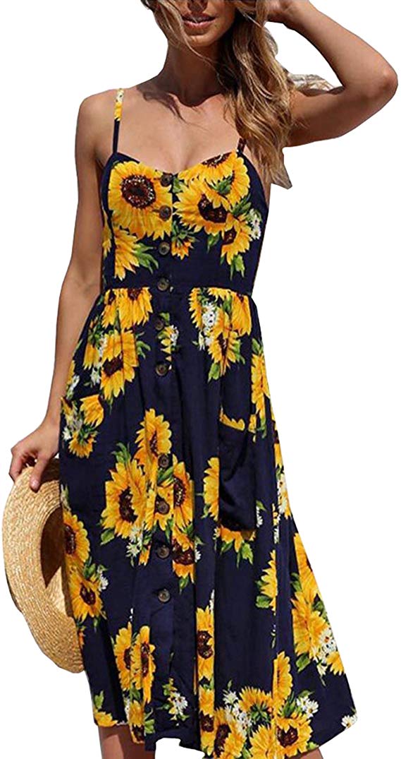 ROPALIA Women's Spaghetti Strap Floral Dress Front Button Bohemian Summer Dress with Pockets