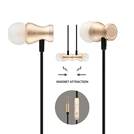 in-Ear Earbuds Headphones, Bambud Magnetic Wired Earphones Stereo Bass Noise Cancelling Ear Buds Headsets with Microphone and Volume Control for All 3.5mm Jack Phones(Gold)