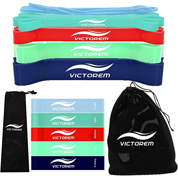 VICTOREM Resistance Loop Bands– Exercise, Physical Fitness, Home Workout Training Set – 10 Heavy & Mini Booty Bands Set - Pull Up Assist, Stretching, Yoga, Therapy, Upper Body, Legs & Butt